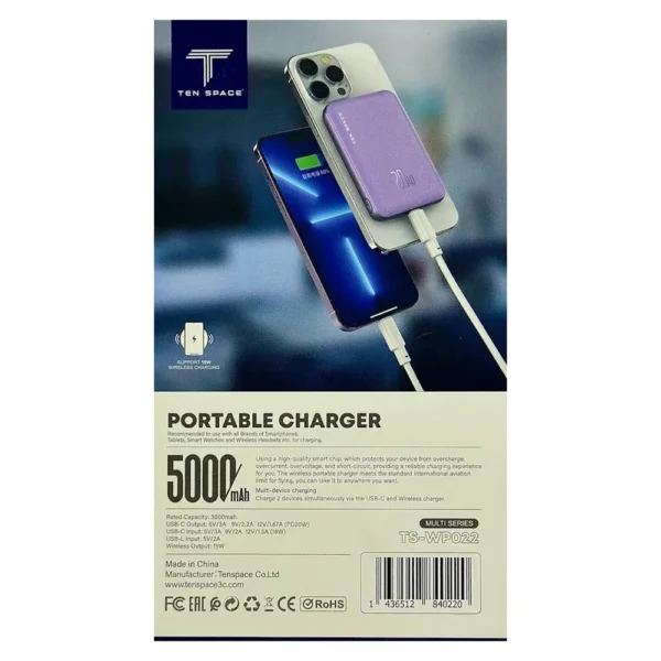 Características Power Bank de 5000 mAh Puerto Tipo C y Carga Inalámbrica – (TS-WP022)