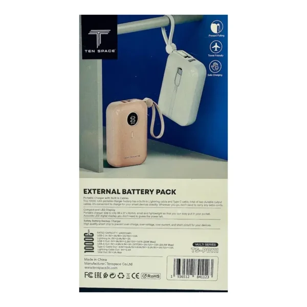 Característicasd Power Bank con cables integrados 10000mAh batería de viaje con Cable Lightning y Cable Tipo C – (TS-PB111)