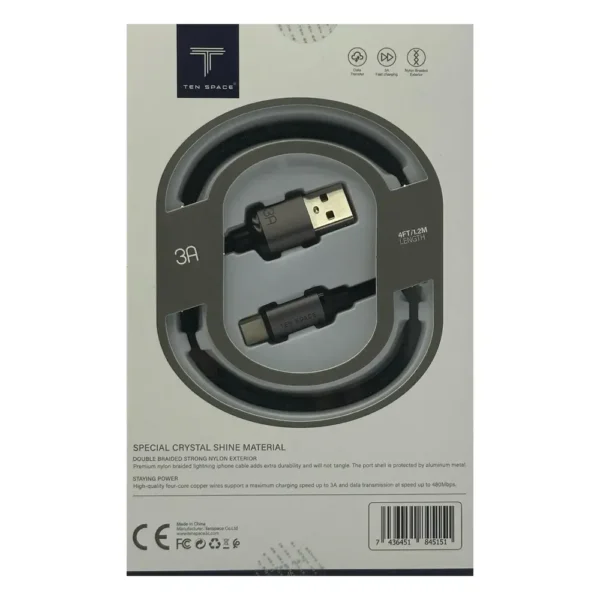 Especificaciones Cable USB a Tipo C 3A Carga Rápida 1.2 Metros - (TS-081 CRYSTAL)